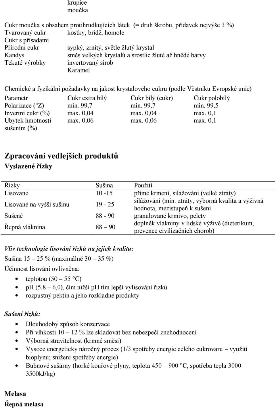 unie) Parametr Cukr extra bílý Cukr bílý (cukr) Cukr polobílý Polarizace ( Z) min. 99,7 min. 99,7 min. 99,5 Invertní cukr (%) max. 0,04 max. 0,04 max. 0,1 Úbytek hmotnosti max. 0,06 max.