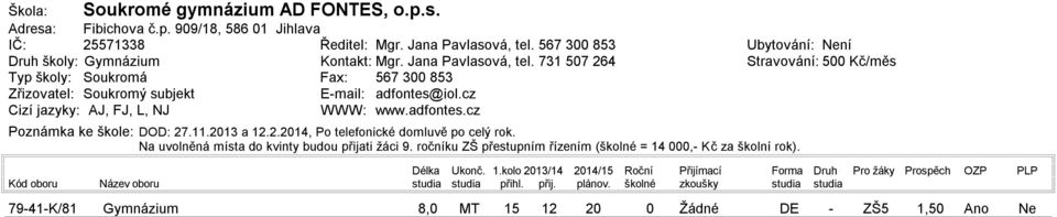 cz Cizí jazyky: AJ, FJ, L, NJ WWW: www.adfontes.cz Poznámka ke škole: DOD: 27.11.213 a.2.214, Po telefonické domluvě po celý rok.