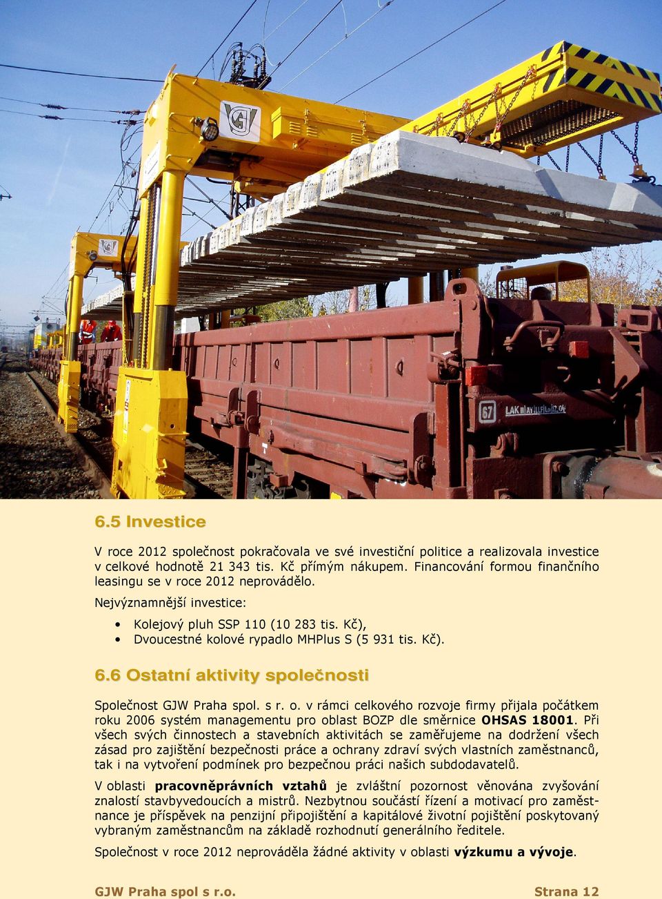 Financování formou finančního leasingu se v roce 2012 neprovádělo. Nejvýznamnější investice: Kolejový pluh SSP 110 (10 283 tis. Kč), Dvoucestné kolové rypadlo MHPlus S (5 931 tis. Kč). 6.