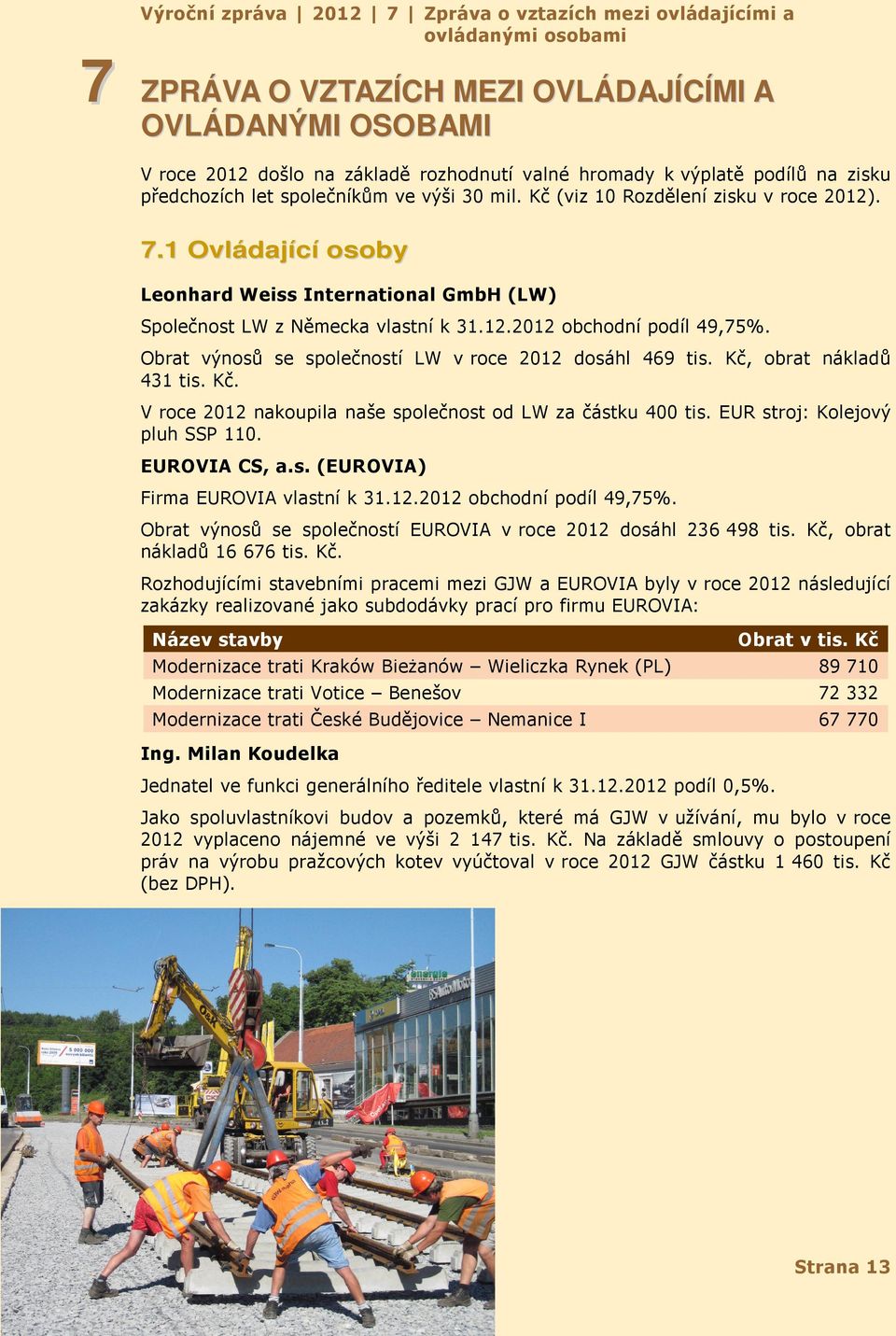 1 Ovládající osoby Leonhard Weiss International GmbH (LW) Společnost LW z Německa vlastní k 31.12.2012 obchodní podíl 49,75%. Obrat výnosů se společností LW v roce 2012 dosáhl 469 tis.