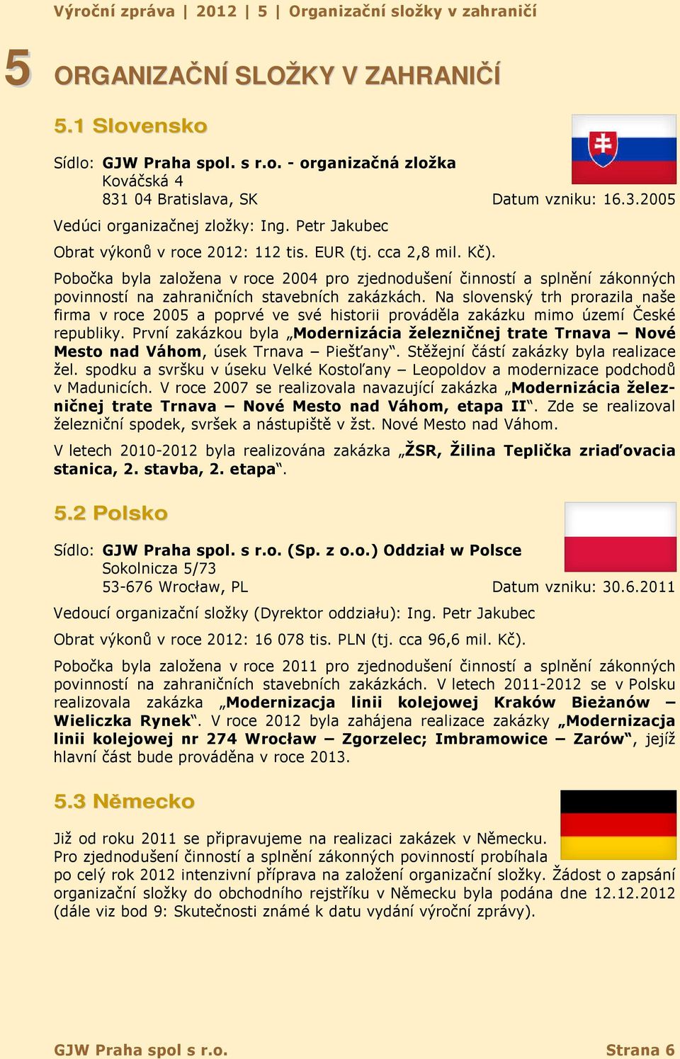 Pobočka byla založena v roce 2004 pro zjednodušení činností a splnění zákonných povinností na zahraničních stavebních zakázkách.