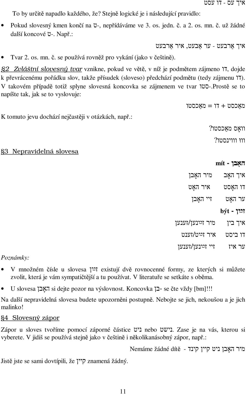 Stejně logické je i následující pravidlo: Pokud slovesný kmen končí,-טna nepřídáváme ve 3. os. jedn. č. a 2. os. mn. č. už žádné další.-טkoncové Např.: Tvar 2. os. mn. č. se používá rovněž pro vykání (jako v češtině).