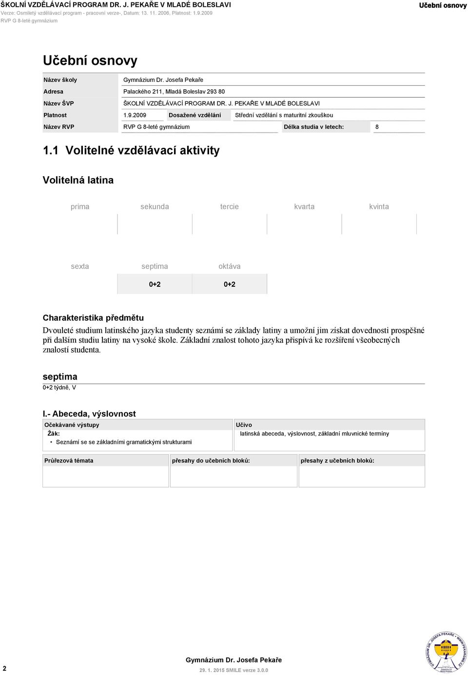 1 Volitelné vzdělávací aktivity prima sekunda tercie kvarta kvinta sexta oktáva 0+2 0+2 Charakteristika předmětu Dvouleté studium latinského jazyka studenty seznámí se základy latiny a umožní jim