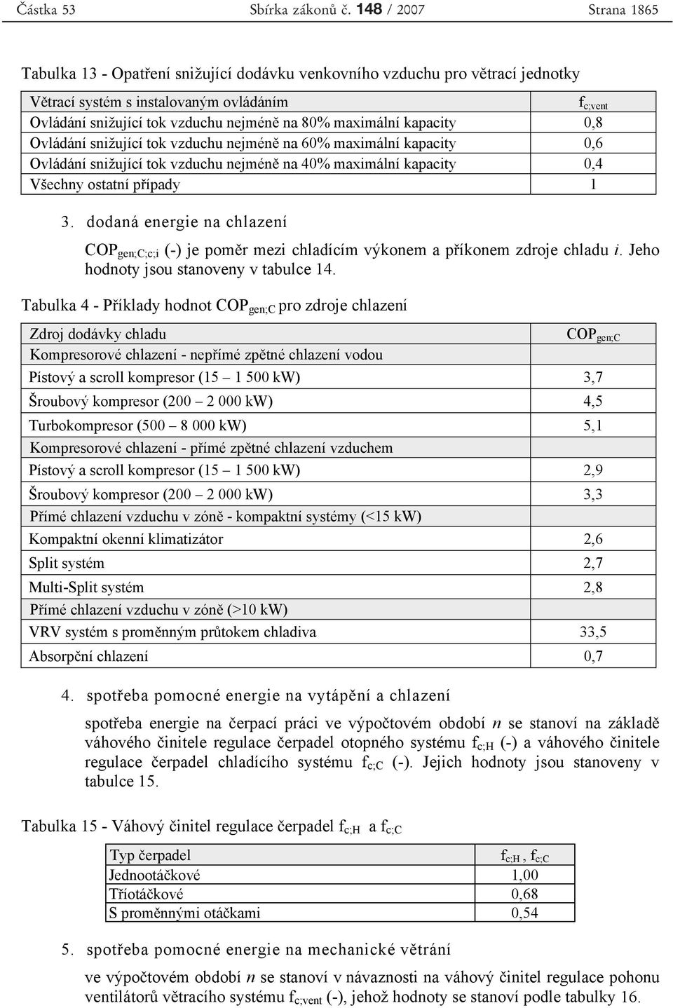 dodaná energie na chlazení COP gen;c;c;i (-) je pom r mezi chladícím výkonem a p íkonem zdroje chladu i. Jeho hodnoty jsou stanoveny v tabulce 14.