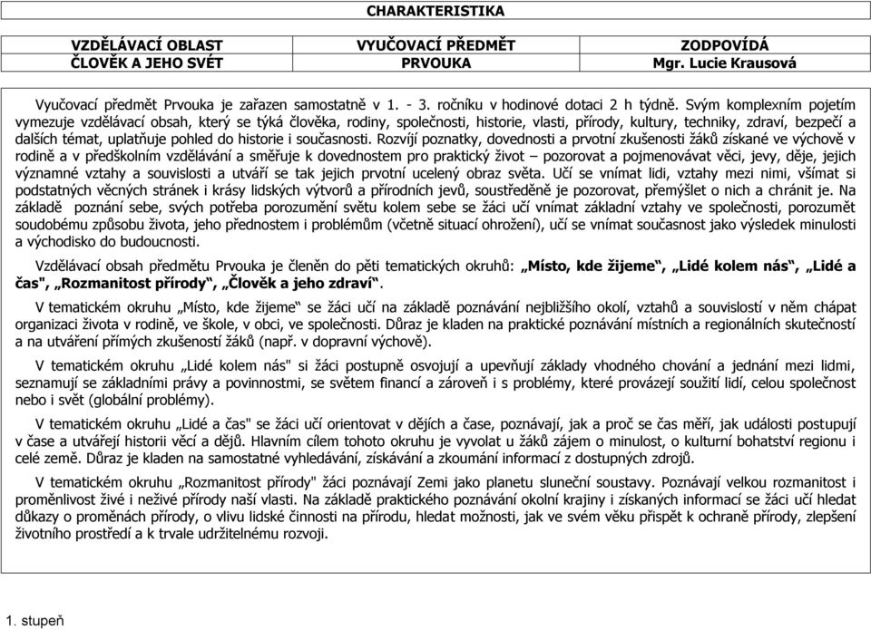 Svým komplexním pojetím vymezuje vzdělávací obsah, který se týká člověka, rodiny, společnosti, historie, vlasti, přírody, kultury, techniky, zdraví, bezpečí a dalších témat, uplatňuje pohled do