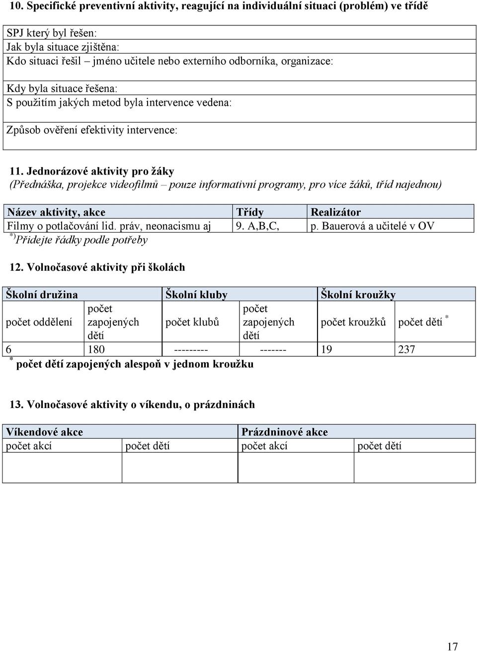 Jednorázové aktivity pro žáky (Přednáška, projekce videofilmů pouze informativní programy, pro více žáků, tříd najednou) Název aktivity, akce Třídy Realizátor Filmy o potlačování lid.
