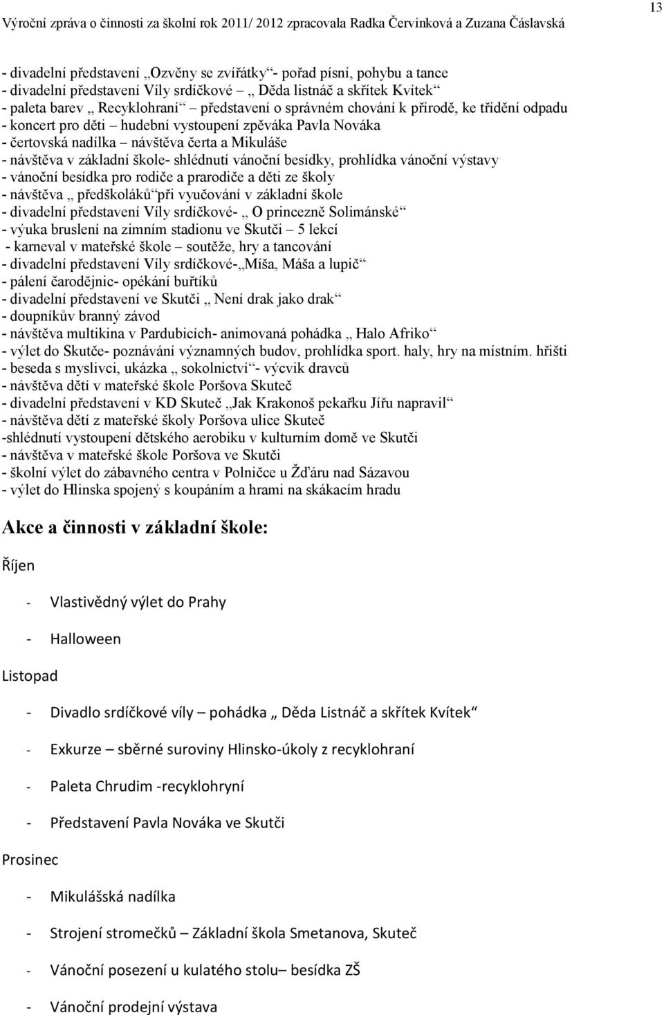 výstavy - vánční besídka pr rdiče a prardiče a děti ze škly - návštěva předškláků při vyučvání v základní škle - divadelní představení Víly srdíčkvé- O princezně Slimánské - výuka bruslení na zimním