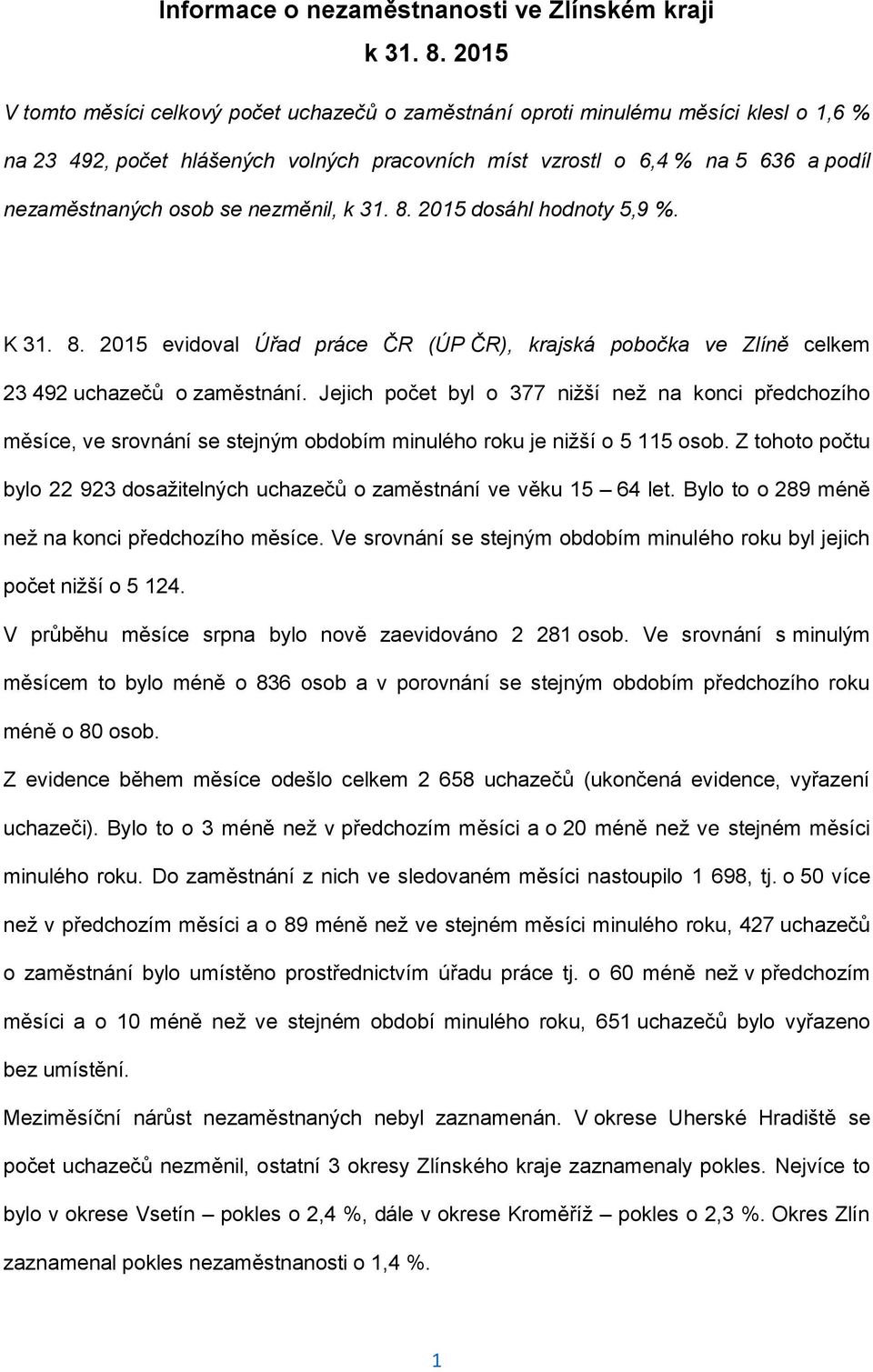 nezměnil, k 31. 8. 2015 dosáhl hodnoty 5,9 %. K 31. 8. 2015 evidoval Úřad práce ČR (ÚP ČR), krajská pobočka ve Zlíně celkem 23 492 uchazečů o zaměstnání.