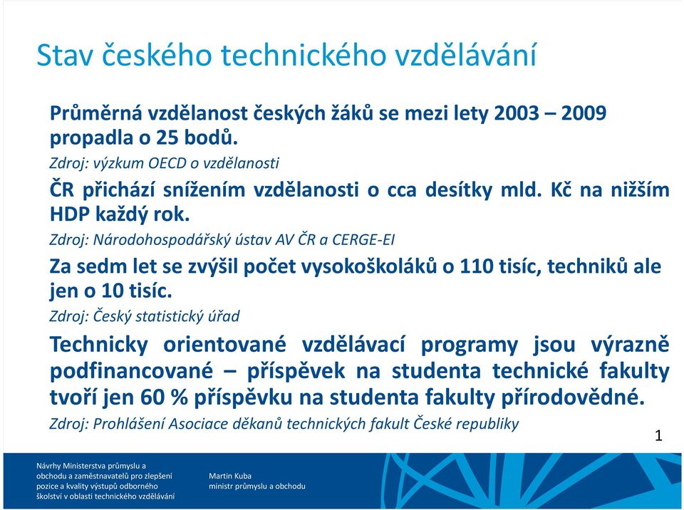 Zdroj: Český statistický úřad Technicky orientované vzdělávací programy jsou výrazně podfinancované příspěvek na studenta technické fakulty tvoří jen 60% příspěvku na studenta fakulty přírodovědné.