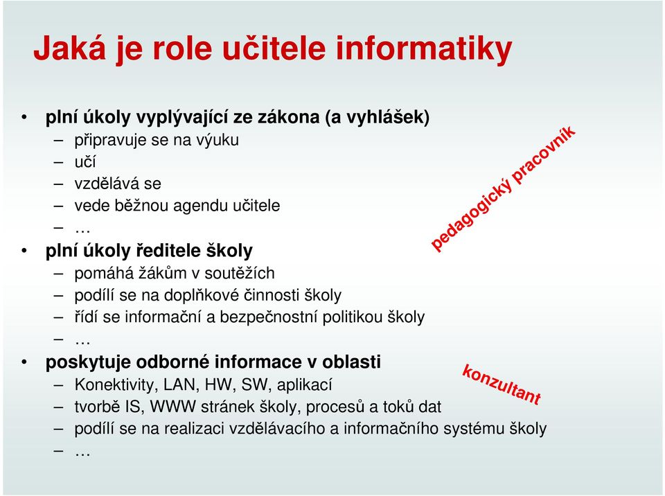 informační a bezpečnostní politikou školy poskytuje odborné informace v oblasti Konektivity, LAN, HW, SW, aplikací tvorbě IS,