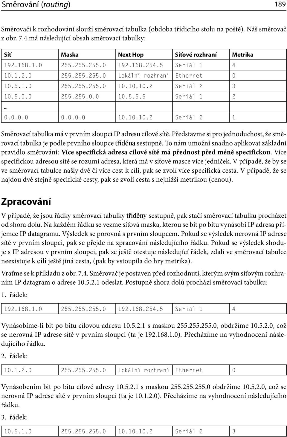 Představme si pro jednoduchost, že směrovací tabulka je podle prvního sloupce tříděna sestupně.