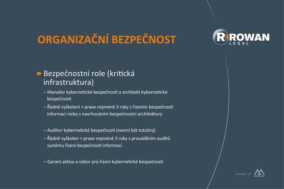 bezpečnostní architektury Auditor kyberne-cké bezpečnos- (nesmí být totožný) Řádně vyškolen + praxe nejméně 3