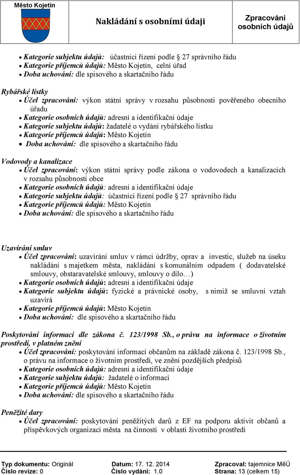 úseku nakládání s majetkem města, nakládání s komunálním odpadem ( dodavatelské smlouvy, obstaravatelské smlouvy, smlouvy o dílo ) Kategorie subjektu údajů: fyzické a právnické osoby, s nimiž se