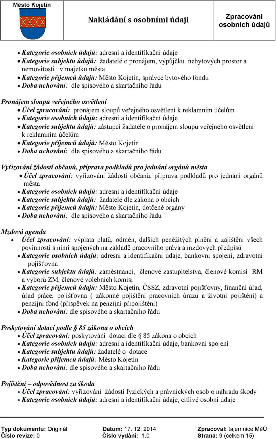 orgánů města Účel zpracování: vyřizování žádostí občanů, příprava podkladů pro jednání orgánů města Kategorie subjektu údajů: žadatelé dle zákona o obcích, dotčené orgány Mzdová agenda Účel