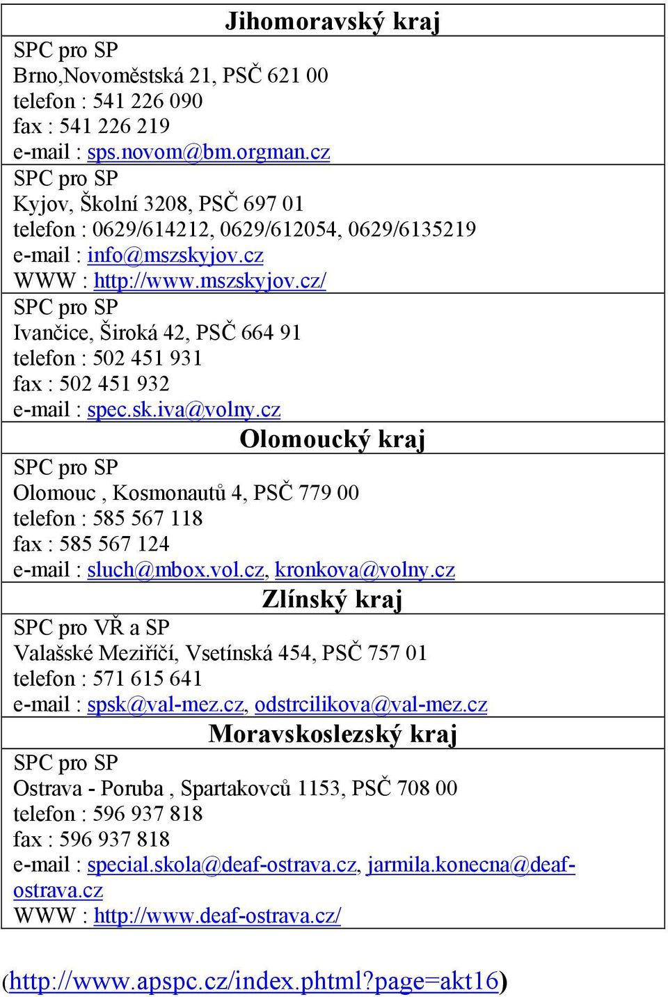 sk.iva@volny.cz Olomoucký kraj Olomouc, Kosmonautů 4, PSČ 779 00 telefon : 585 567 118 fax : 585 567 124 e-mail : sluch@mbox.vol.cz, kronkova@volny.