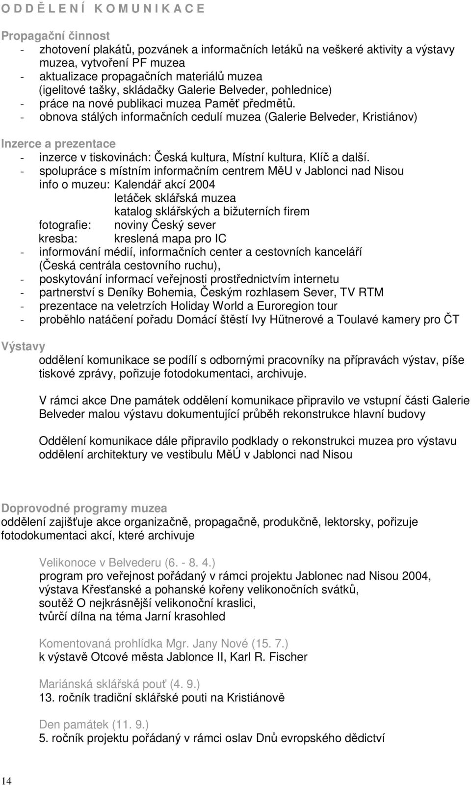 - obnova stálých informačních cedulí muzea (Galerie Belveder, Kristiánov) Inzerce a prezentace - inzerce v tiskovinách: Česká kultura, Místní kultura, Klíč a další.