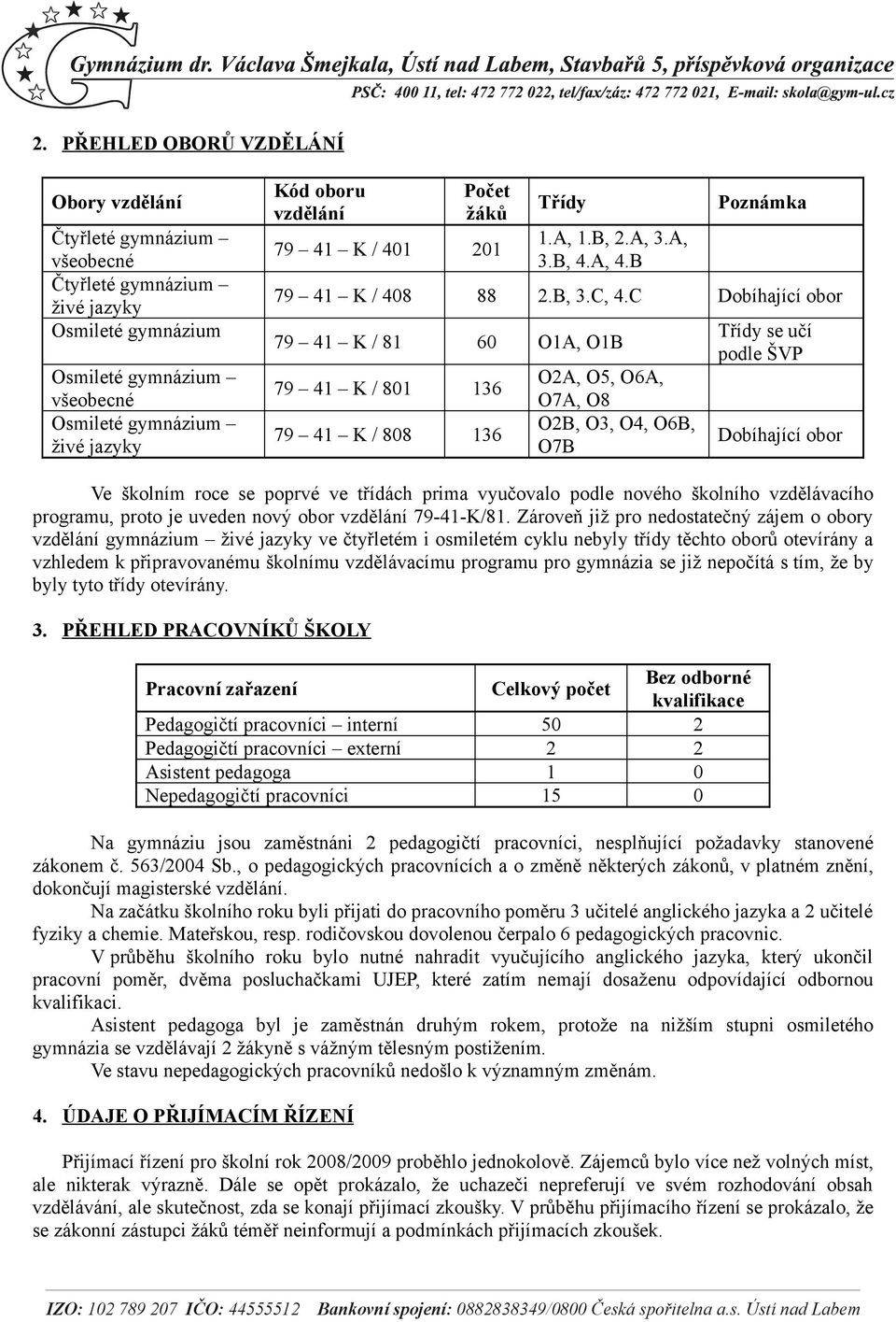 C Dobíhající obor 79 41 K / 81 60 O1A, O1B 79 41 K / 801 136 79 41 K / 808 136 O2A, O5, O6A, O7A, O8 O2B, O3, O4, O6B, O7B Třídy se učí podle ŠVP Dobíhající obor Ve školním roce se poprvé ve třídách