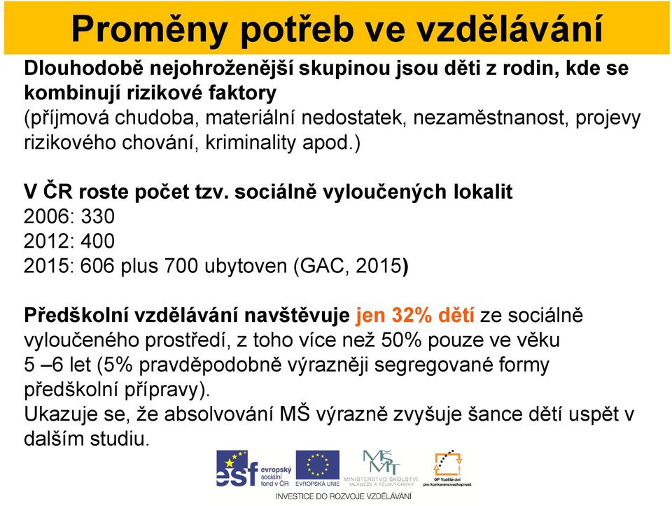 sociálně vyloučených lokalit 2006: 330 2012: 400 2015: 606 plus 700 ubytoven (GAC, 2015) Předškolní vzdělávání navštěvuje jen 32% dětí ze sociálně