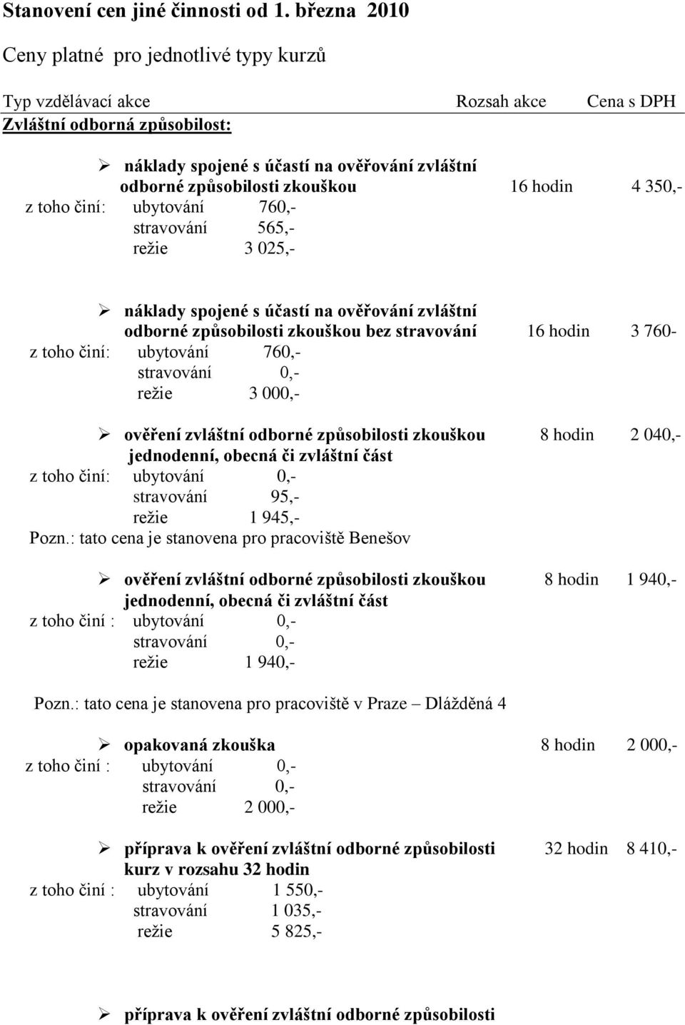16 hodin 4 350,- režie 3 025,- náklady spojené s účastí na ověřování zvláštní odborné způsobilosti zkouškou bez stravování 16 hodin 3 760- režie 3 000,- ověření zvláštní odborné způsobilosti zkouškou