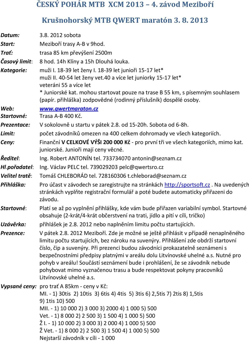 mohou startovat pouze na trase B 55 km, s písemným souhlasem (papír. přihláška) zodpovědné (rodinný příslušník) dospělé osoby. Web: www.qwertmaraton.cz Startovné: Trasa A-B 400 Kč.