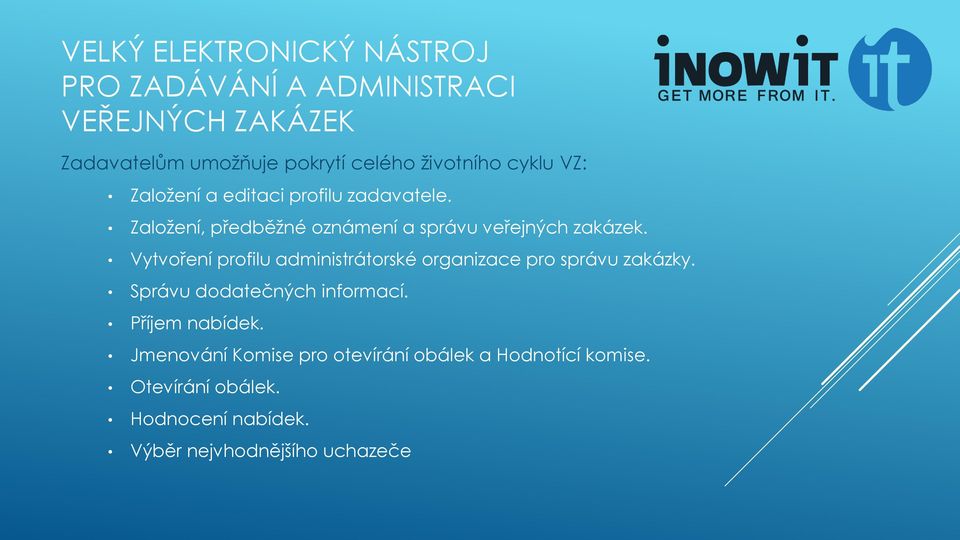 Vytvoření profilu administrátorské organizace pro správu zakázky. Správu dodatečných informací. Příjem nabídek.