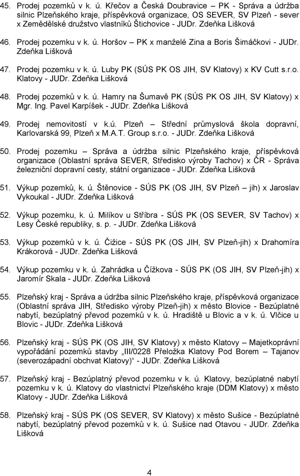 Zdeňka Lišková 48. Prodej pozemků v k. ú. Hamry na Šumavě PK (SÚS PK OS JIH, SV Klatovy) x Mgr. Ing. Pavel Karpíšek - JUDr. Zdeňka Lišková 49. Prodej nemovitostí v k.ú. Plzeň Střední průmyslová škola dopravní, Karlovarská 99, Plzeň x M.