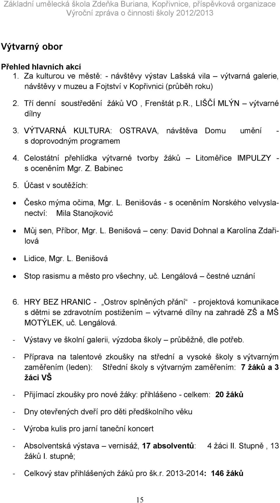 Celostátní přehlídka výtvarné tvorby žáků Litoměřice IMPULZY - s oceněním Mgr. Z. Babinec 5. Účast v soutěžích: Česko mýma očima, Mgr. L. Benišovás - s oceněním Norského velvyslanectví: Mila Stanojković Můj sen, Příbor, Mgr.