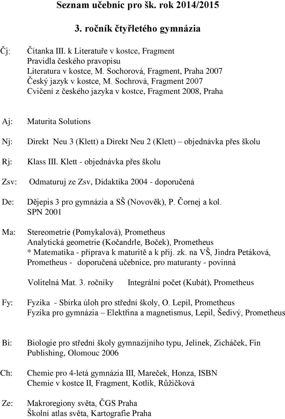 Klett - objednávka přes školu Odmaturuj ze Zsv, Didaktika 2004 - doporučená Dějepis 3 pro gymnázia a SŠ (Novověk), P. Čornej a kol.
