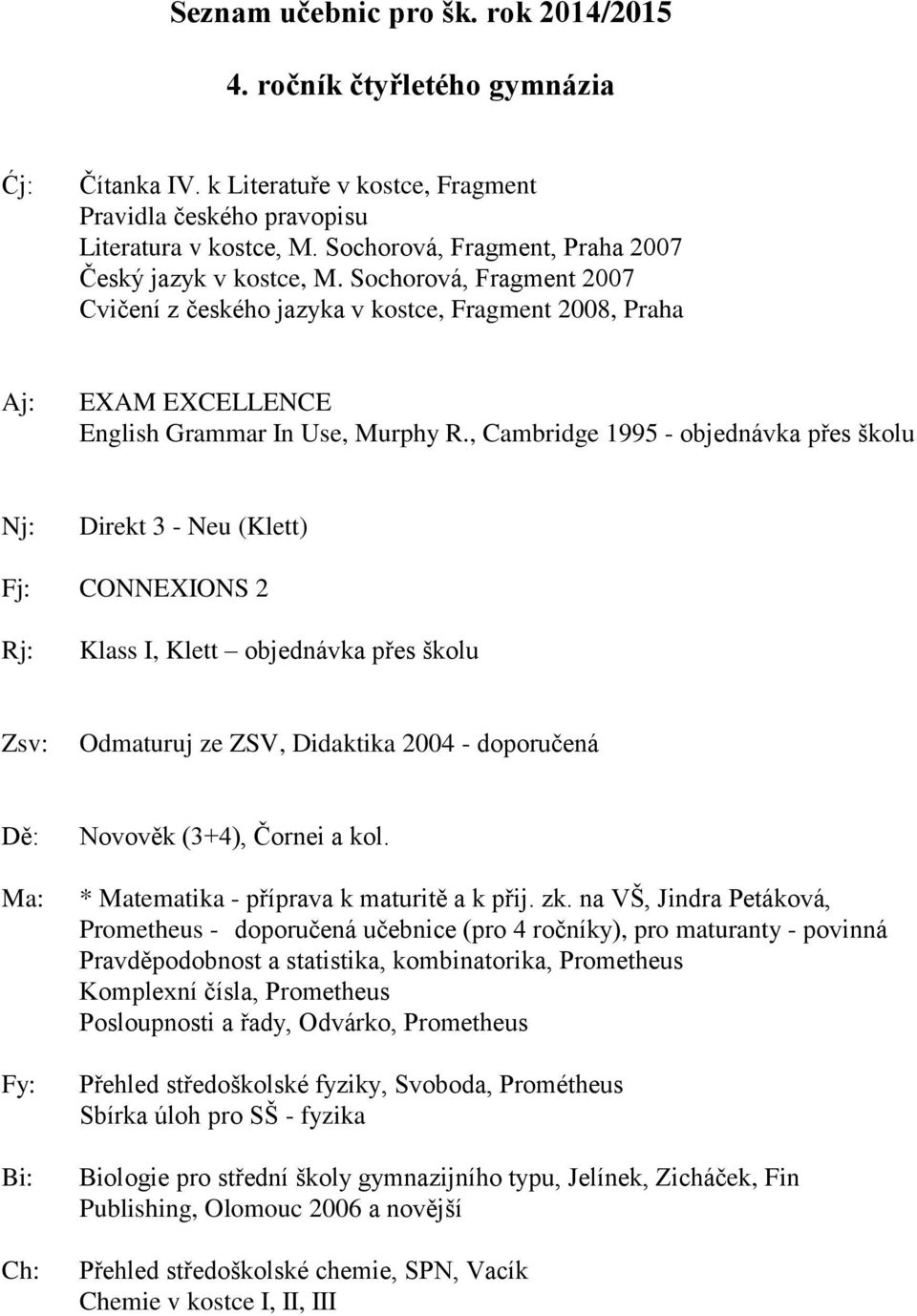 , Cambridge 1995 - objednávka přes školu Direkt 3 - Neu (Klett) Fj: CONNEXIONS 2 Rj: Klass I, Klett objednávka přes školu Zsv: Odmaturuj ze ZSV, Didaktika 2004 - doporučená Novověk (3+4), Čornei a