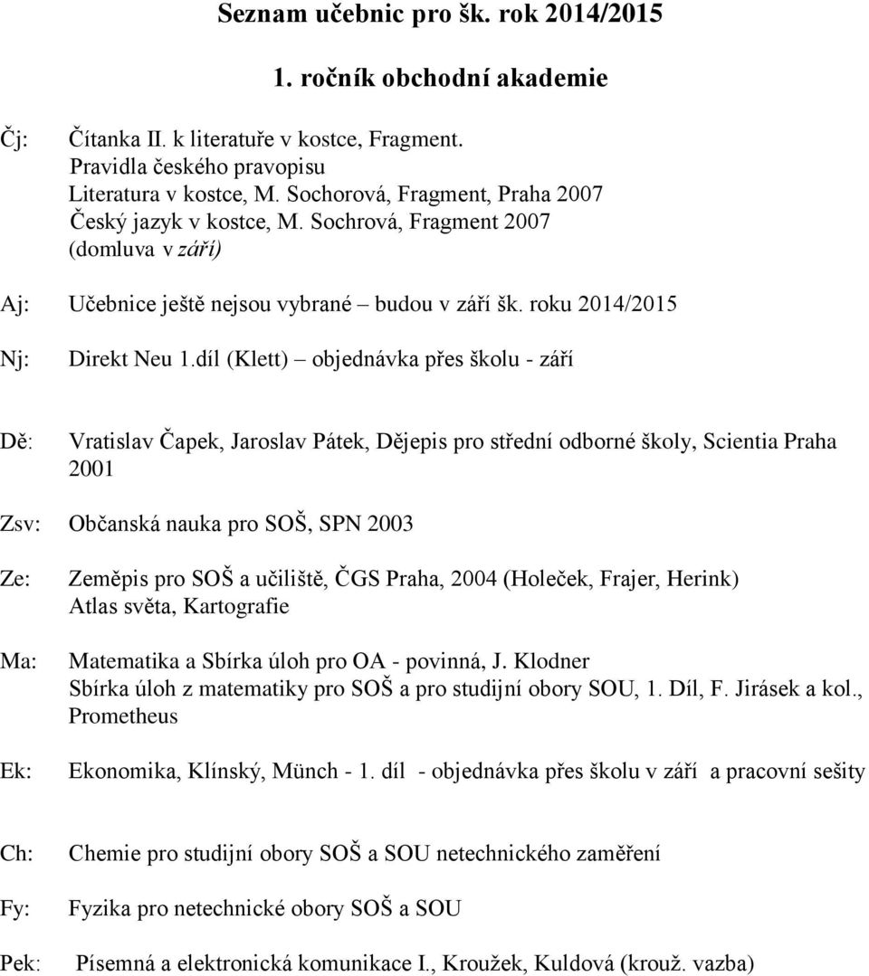 díl (Klett) objednávka přes školu - září Vratislav Čapek, Jaroslav Pátek, Dějepis pro střední odborné školy, Scientia Praha 2001 Zsv: Občanská nauka pro SOŠ, SPN 2003 Ze: Ek: Zeměpis pro SOŠ a