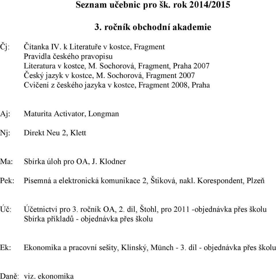 OA, J. Klodner Písemná a elektronická komunikace 2, Štiková, nakl. Korespondent, Plzeň Úč: Účetnictví pro 3. ročník OA, 2.