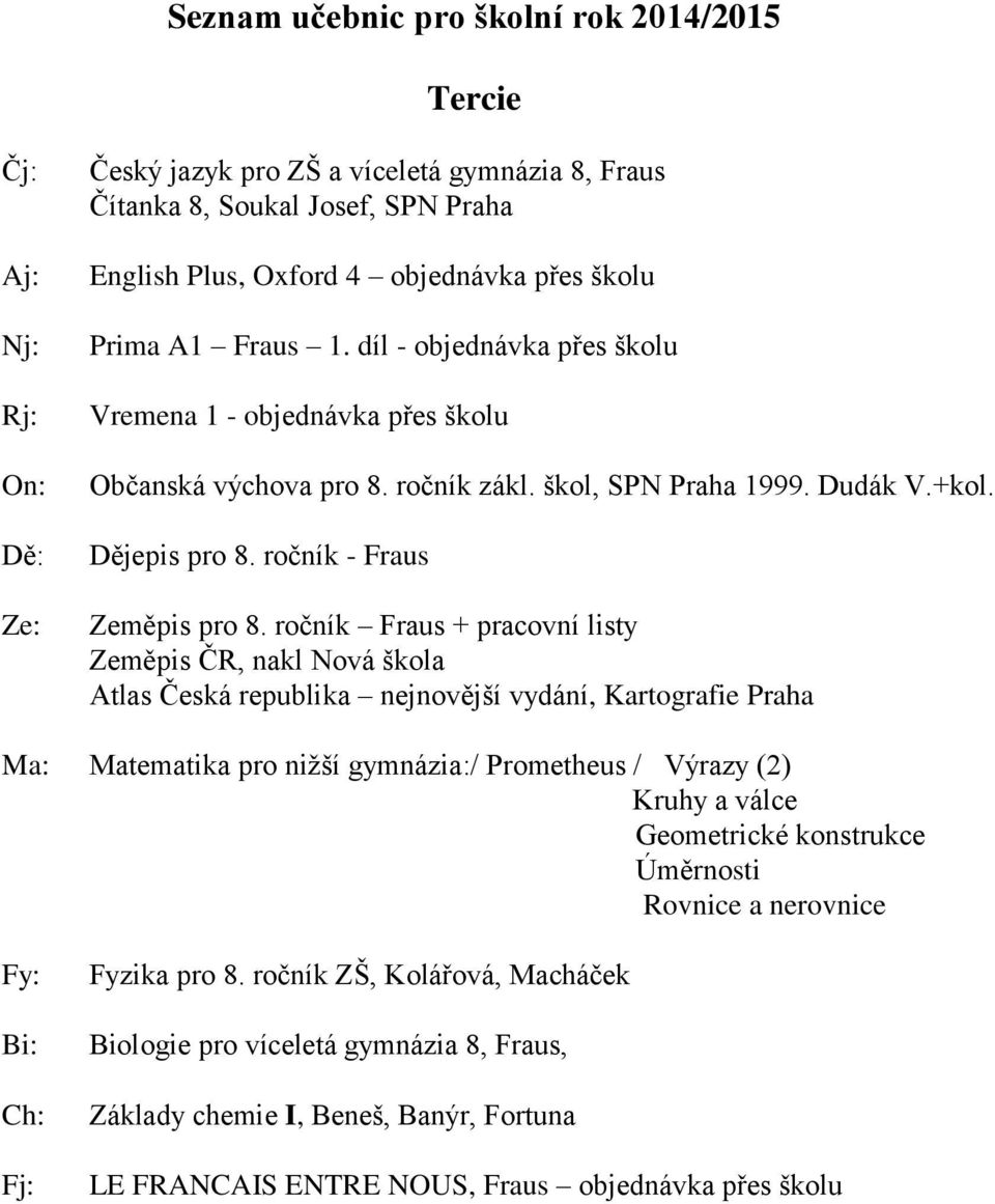 ročník Fraus + pracovní listy Zeměpis ČR, nakl Nová škola Atlas Česká republika nejnovější vydání, Kartografie Praha Matematika pro nižší gymnázia:/ Prometheus / Výrazy (2) Kruhy a válce Geometrické