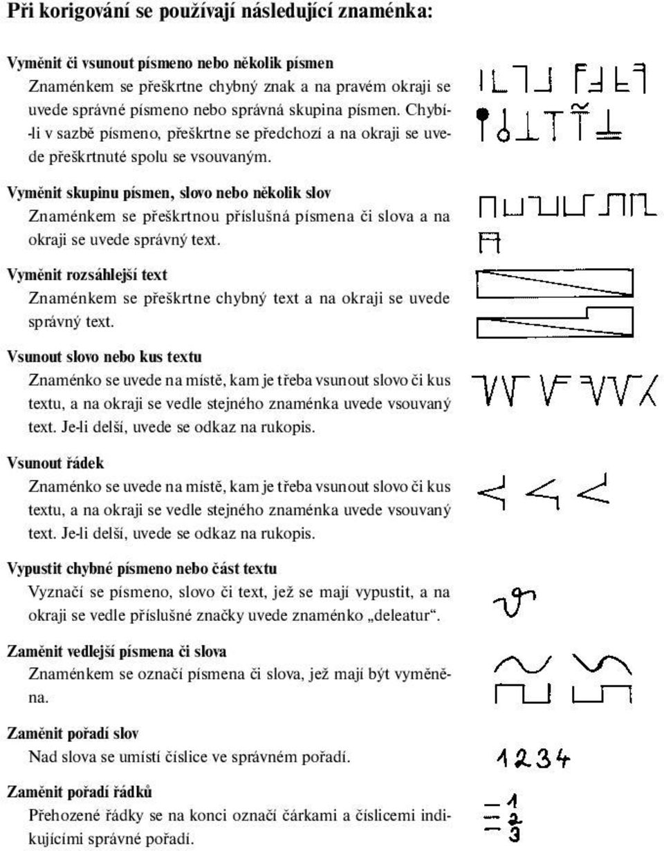 písmen. Chybí- -li v sazbě písmeno, přeškrtne se předchozí a na okraji se uvede přeškrtnuté spolu se vsouvaným.