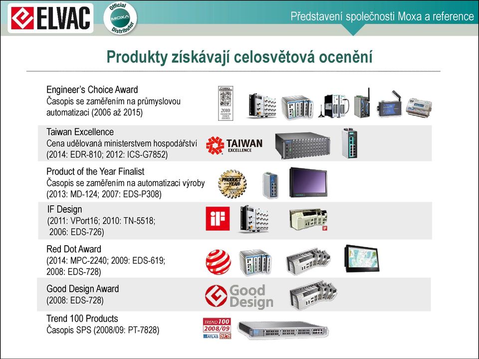 Finalist Časopis se zaměřením na automatizaci výroby (2013: MD-124; 2007: EDS-P308) IF Design (2011: VPort16; 2010: TN-5518; 2006: EDS-726)