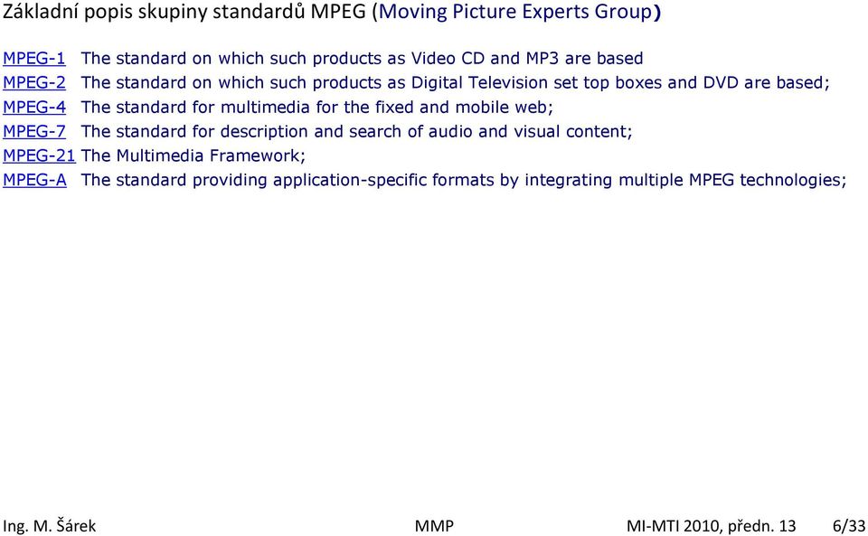 for the fixed and mobile web; MPEG-7 The standard for description and search of audio and visual content; MPEG-21 The Multimedia Framework;