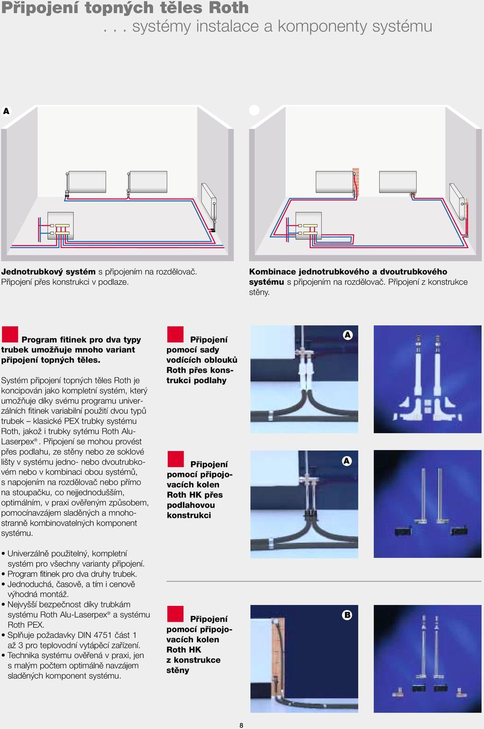 Systém pfiipojení topn ch tûles Roth je koncipován jako kompletní systém, kter umoïàuje díky svému programu univerzálních fitinek variabilní pouïití dvou typû trubek klasické PEX trubky systému Roth,
