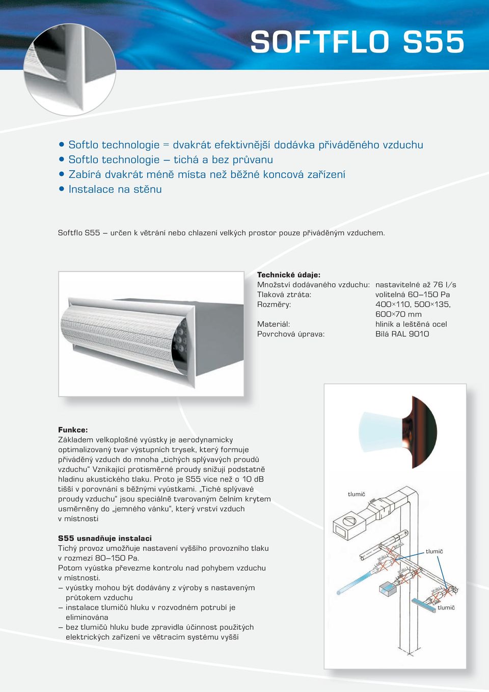 Technické údaje: Množství dodávaného vzduchu: nastavitelné až 76 l/s Tlaková ztráta: volitelná 60 150 Pa Rozměry: 400 110, 500 135, 600 70 mm Materiál: hliník a leštěná ocel Povrchová úprava: Bílá