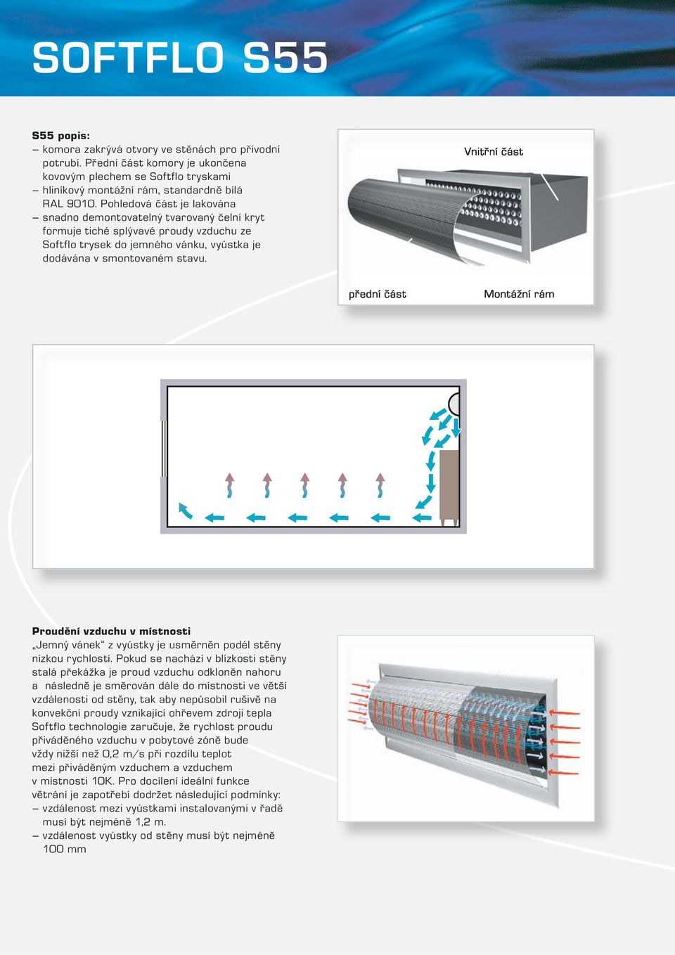 Vnitřní část přední část Montážní rám Proudění vzduchu v místnosti Jemný vánek z vyústky je usměrněn podél stěny nízkou rychlostí.