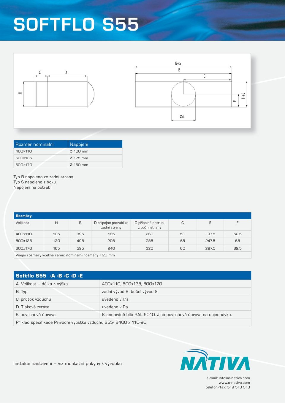 5 65 600x170 165 595 240 320 60 297.5 82.5 Vnější rozměry včetně rámu: nominální rozměry + 20 mm Softflo S55 -A -B -C -D -E A. Velikost délka výška 400x110, 500x135, 600x170 B.