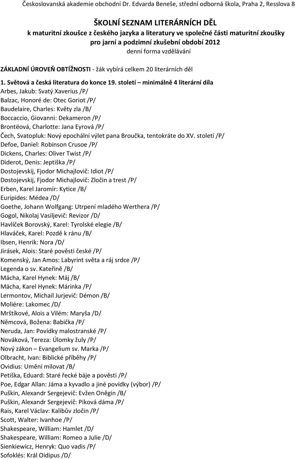 zkušební období 2012 denní forma vzdělávání ZÁKLADNÍ ÚROVEŇ OBTÍŽNOSTI - žák vybírá celkem 20 literárních děl 1. Světová a česká literatura do konce 19.