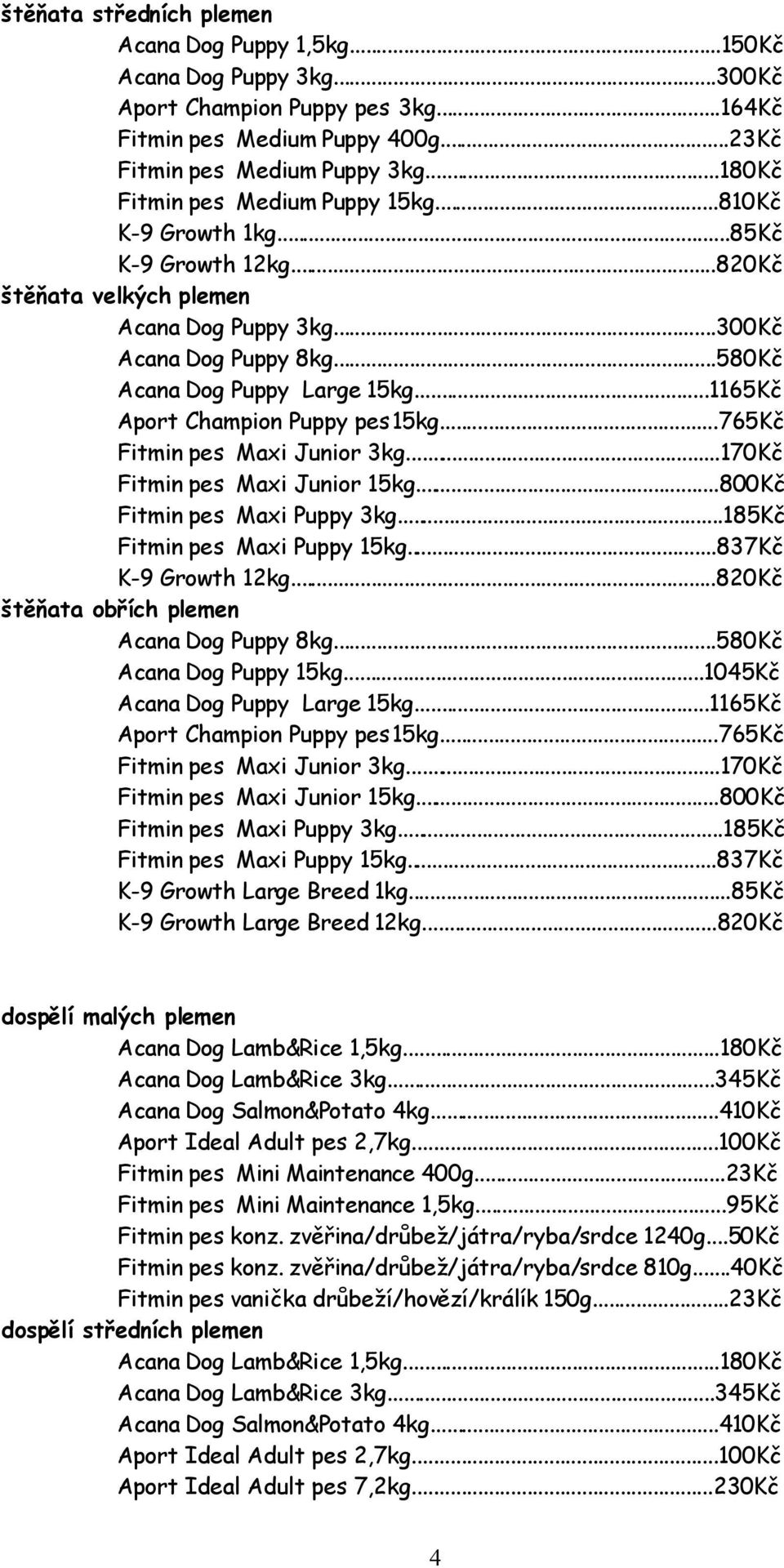 ..1165Kč Aport Champion Puppy pes 15kg...765Kč Fitmin pes Maxi Junior 3kg...170Kč Fitmin pes Maxi Junior 15kg...800Kč Fitmin pes Maxi Puppy 3kg...185Kč Fitmin pes Maxi Puppy 15kg.