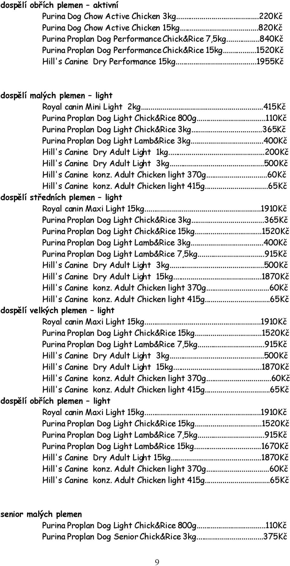 ..415Kč Purina Proplan Dog Light Chick&Rice 800g...110Kč Purina Proplan Dog Light Chick&Rice 3kg...365Kč Purina Proplan Dog Light Lamb&Rice 3kg...400Kč Hill's Canine Dry Adult Light 1kg.