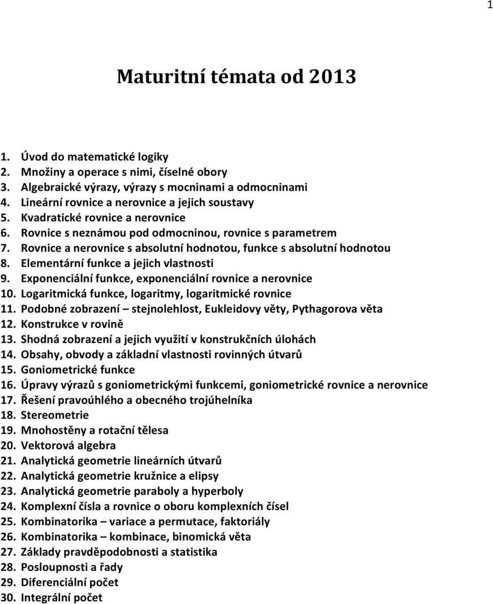 Rovnice a nerovnice s absolutní hodnotou, funkce s absolutní hodnotou 8. Elementární funkce a jejich vlastnosti 9. Exponenciální funkce, exponenciální rovnice a nerovnice 10.
