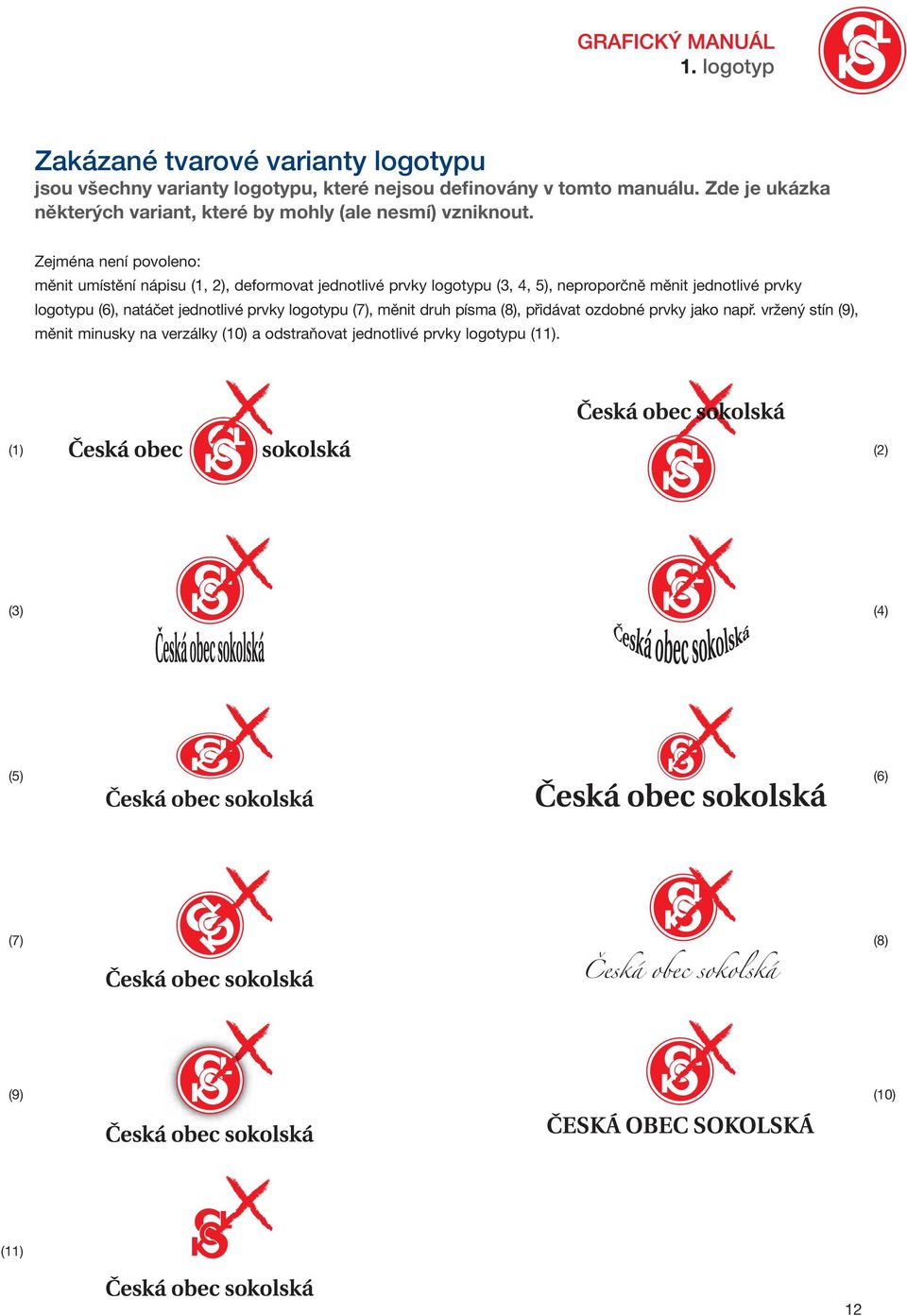 Zejména není povoleno: měnit umístění nápisu (1, 2), deformovat jednotlivé prvky logotypu (3, 4, 5), neproporčně měnit jednotlivé prvky logotypu (6),