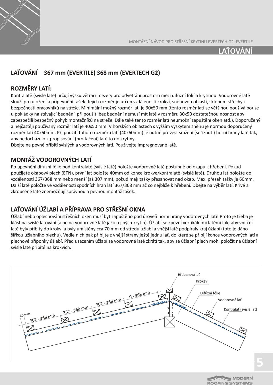 Minimální možný rozměr latí je 30x50 mm (tento rozměr latí se většinou používá pouze u pokládky na stávající bednění při použití bez bednění nemusí mít latě v rozměru 30x50 dostatečnou nosnost aby