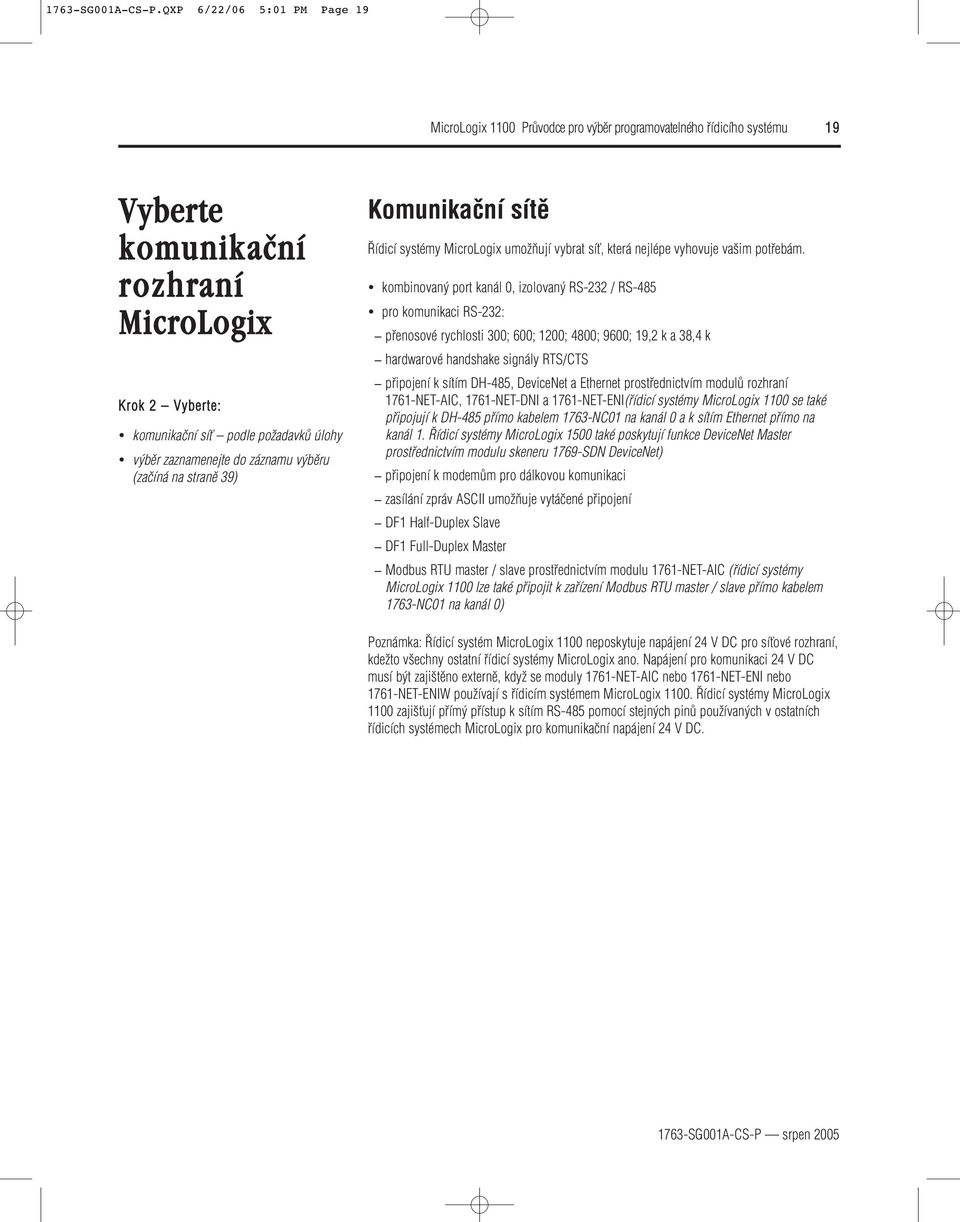 sítû ídicí systémy MicroLogix umoïàují vybrat síè, která nejlépe vyhovuje va im potfiebám.