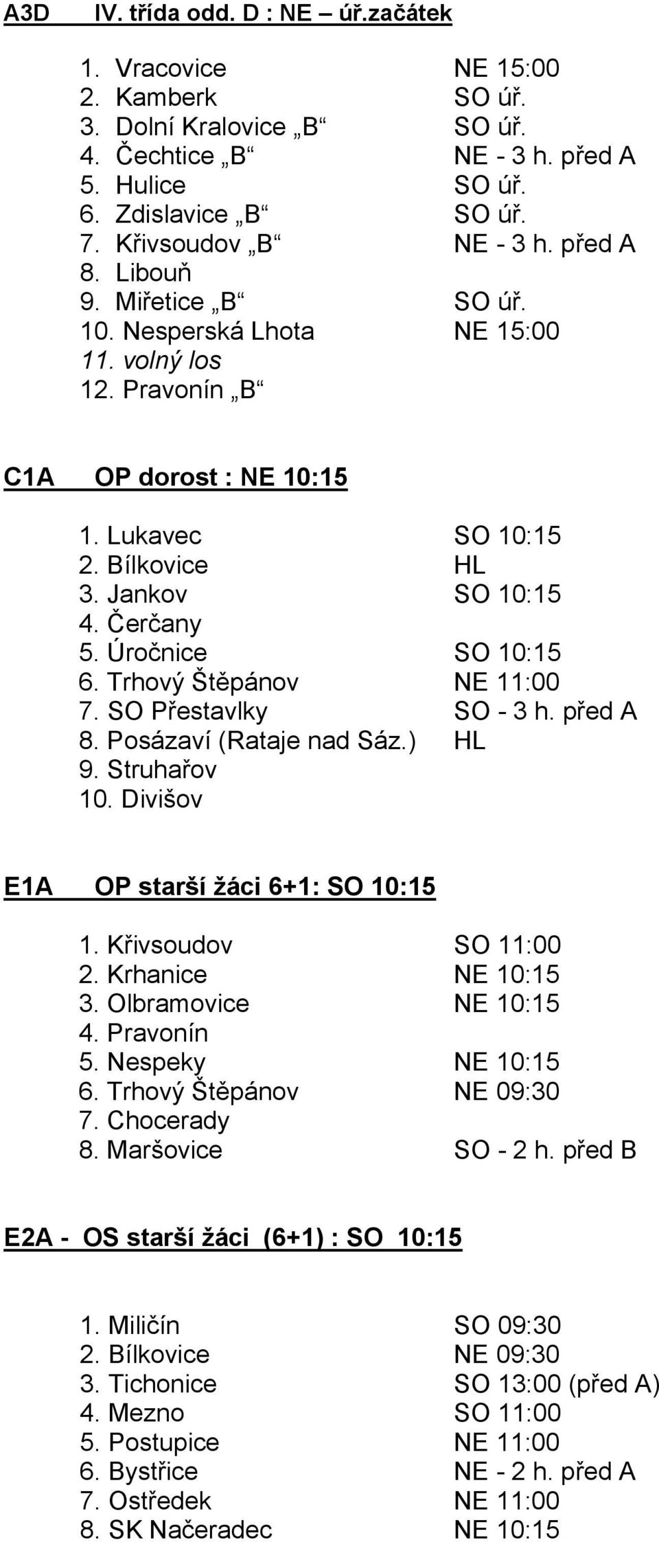 Jankov SO 10:15 4. Čerčany 5. Úročnice SO 10:15 6. Trhový Štěpánov NE 11:00 7. SO Přestavlky SO - 3 h. před A 8. Posázaví (Rataje nad Sáz.) HL 9. Struhařov 10.