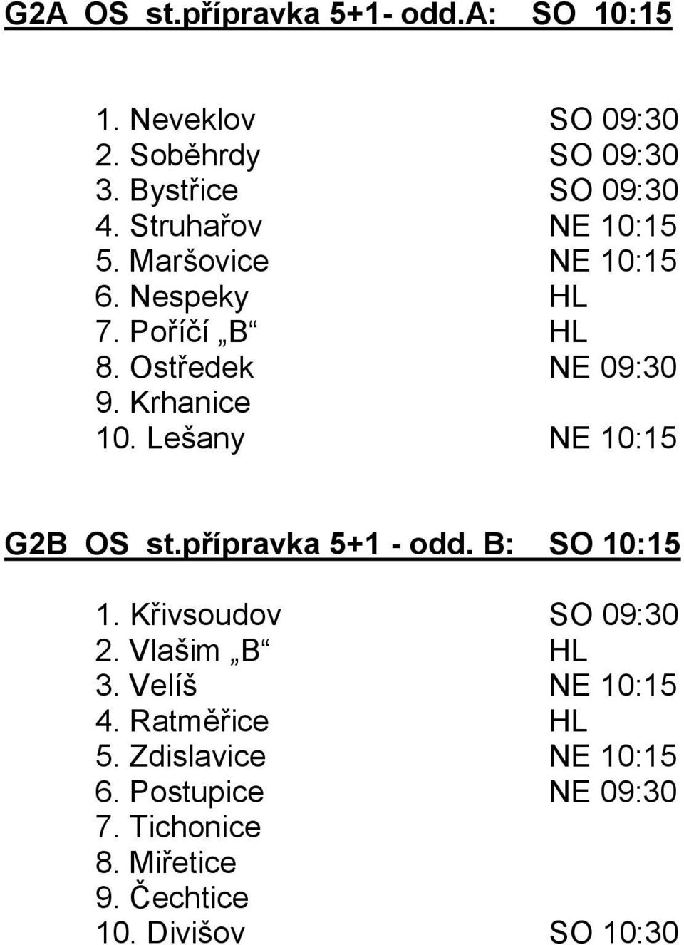 Lešany NE 10:15 G2B OS st.přípravka 5+1 - odd. B: SO 10:15 1. Křivsoudov SO 09:30 2. Vlašim B HL 3.