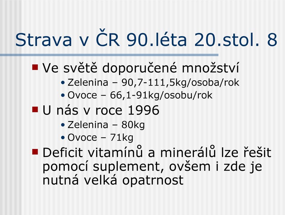 Ovoce 66,1-91kg/osobu/rok U nás v roce 1996 Zelenina 80kg Ovoce