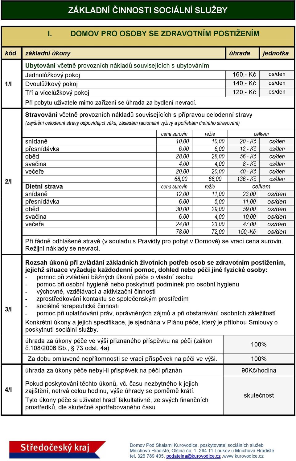Stravování včetně provozních nákladů souvisejících s přípravou celodenní stravy (zajištění celodenní stravy odpovídající věku, zásadám racionální výživy a potřebám dietního stravování) 2/I 3/I cena